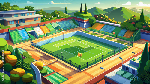 Panoramic view of a tennis court complex