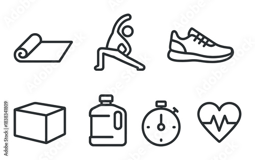 Fitness icons: yoga mat, stretching, shoe, water, stopwatch, heartbeat
