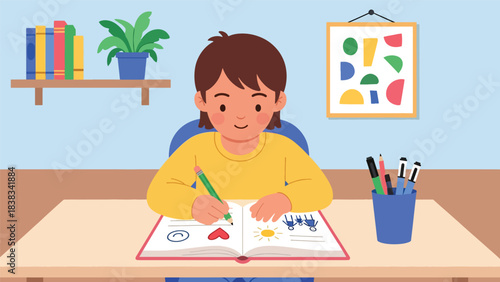 Modern flat vector illustration of a child writing happy thoughts in a gratitude journal as part of emotional growth and positive mindset
