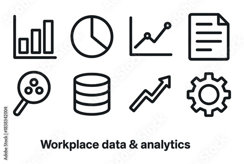 Workplace data and analytics icons displayed in monochrome design