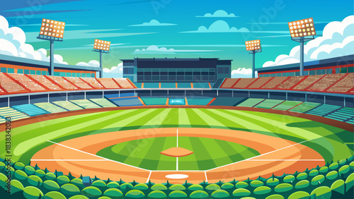 Illustrated baseball stadium under blue sky