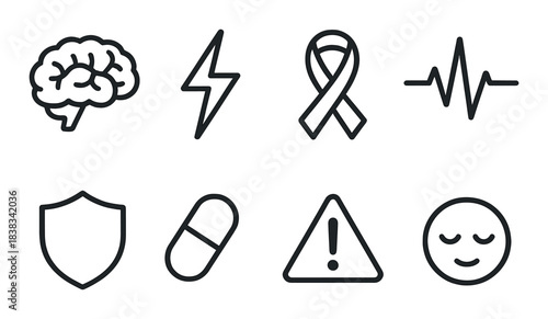 Monochrome icons of brain, lightning, awareness ribbon, heartbeat, shield, pill, warning, calm face