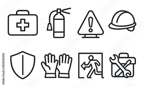 Workplace safety icons: fire extinguisher, hard hat, first aid, gloves, toolkit