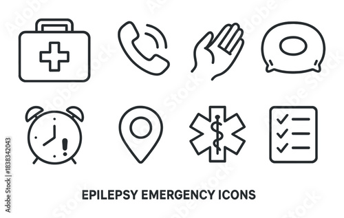 Epilepsy emergency icons set: first aid, communication, location, medical alert