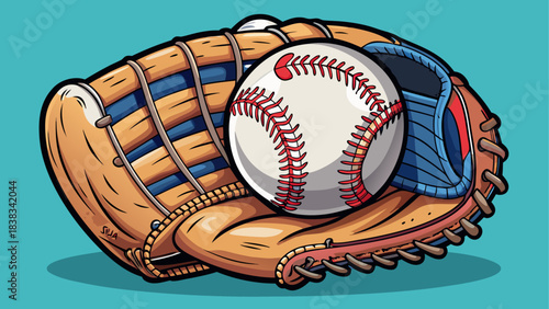 Baseball in a mitt on a turquoise ground