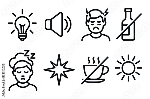 Headache causes and remedies icons: light, sound, stress, sleep, caffeine, hydration