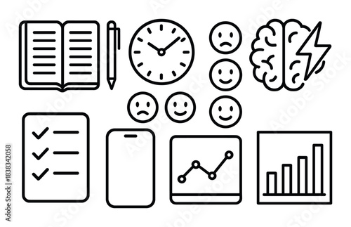 Collection of business and productivity symbols on dark background