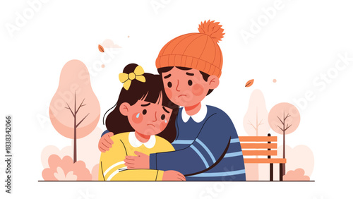Modern flat vector illustration of a child comforting a sad friend by offering a hug or supportive gesture