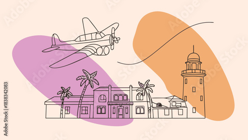Journey of A Landmark: An illustration showcasing an airplane soaring above a captivating coastal scene with a lighthouse and buildings, capturing the essence of exploration and the allure of travel.