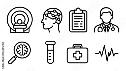Medical icons: mri, brain, doctor, heartbeat, and healthcare symbols