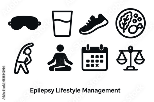 Icons for healthy living: sleep, hydration, exercise, nutrition, meditation, and balance