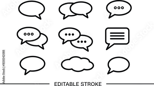 Speech bubble icon set, chat symbols, conversation balloons, message bubbles, communication icons, minimal outline design, editable stroke, dialog illustration pack