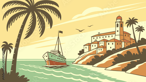 A peaceful Egyptian island surrounded by blue sea and tall palm trees 