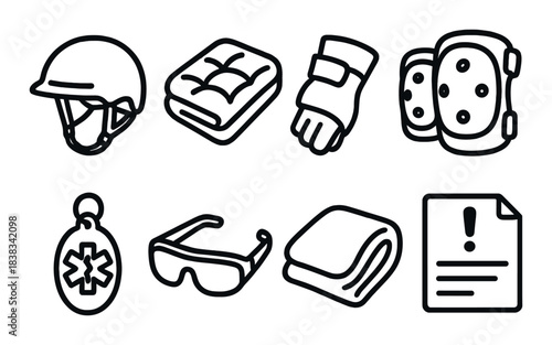 Essential safety gear icons: helmet, gloves, pads, and more