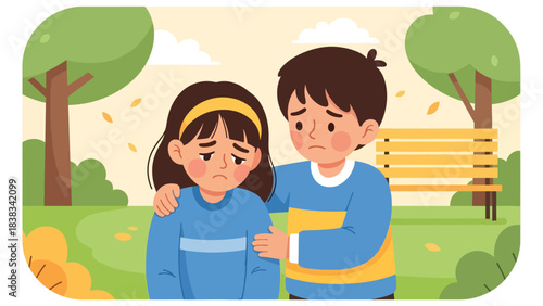 Modern flat vector illustration of a child comforting a sad friend by offering a hug or supportive gesture