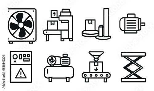 Industrial equipment icons: conveyor, lift, motor, fan, control panel, compressor art