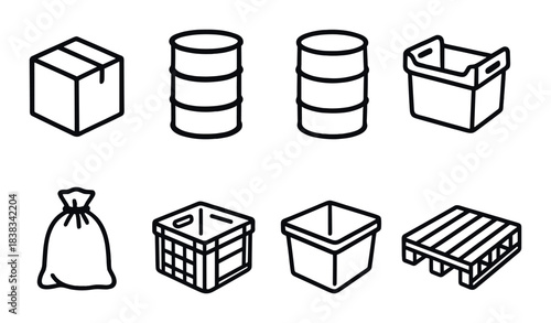 Industrial container icons: box, barrel, crate, bag, pallet variety