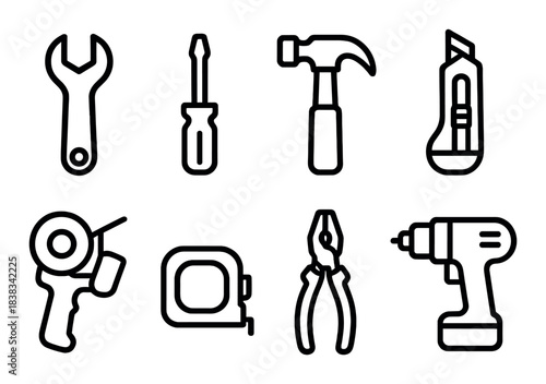 Silhouette of various hand tools including wrench, screwdriver, hammer, and drill