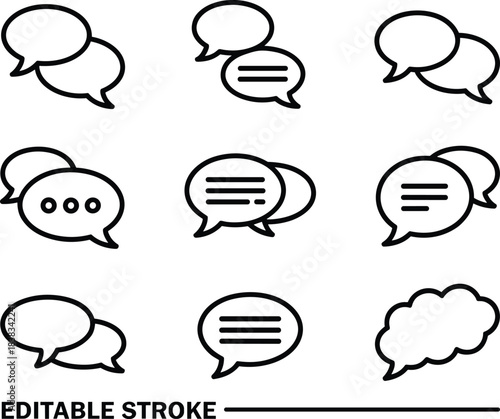 Speech bubble icon set, chat symbols, conversation balloons, message bubbles, communication icons, minimal outline design, editable stroke, dialog illustration pack