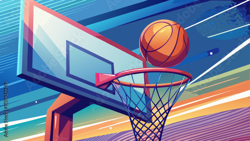 Basketball flies toward hoop illustration