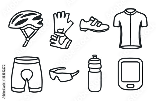 Essential cycling gear set featuring helmet, gloves, jersey, shorts, shoes, sunglasses, bottle, and computer