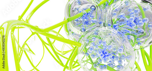 Abstract light 3d background with green slime and liquid transparent drops with blue water bubbles. Virus or bacteria with disease cells. Toxic stretches mucus, radioactive design