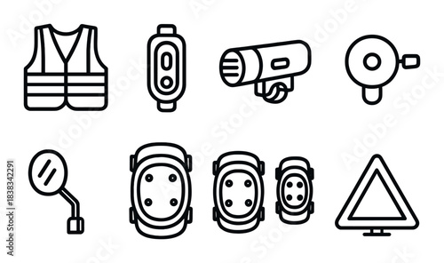 Icons of safety gear including vest, camera, mirror, radar, lights, knee pads, and warning triangle