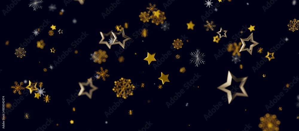 Naklejka premium Abstract background featuring golden stars and snowflakes on dark blue. Perfect for holiday design, Christmas, New Year