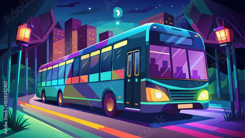 Colorful bus driving at night cityscape