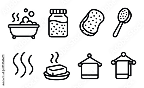 Set of bathroom icons: bathtub, soap, sponge, towel, and more