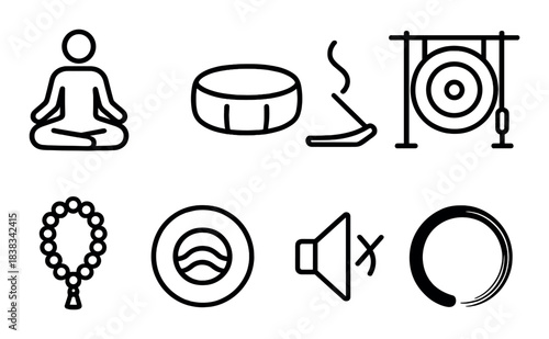 Meditation and mindfulness symbols: yoga, sound, peaceful icons for relaxation and calm