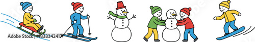 Cute Cartoon Children Doing Winter Activities like Skiing, Sledding, Snowboarding, and Building a Snowman Representing Seasonal Fun and Holiday Play Vector.