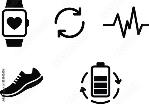 Minimalist fitness icon set, smartwatch heart, reload symbol, heartbeat line, running shoe, battery icon, black silhouette symbols