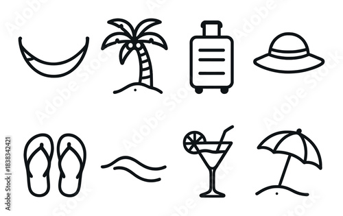 Vacation icons: palm tree, luggage, sun hat, hammock, flip flops, waves, cocktail, beach umbrella