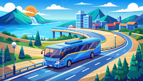 Blue bus driving on a scenic coastal road