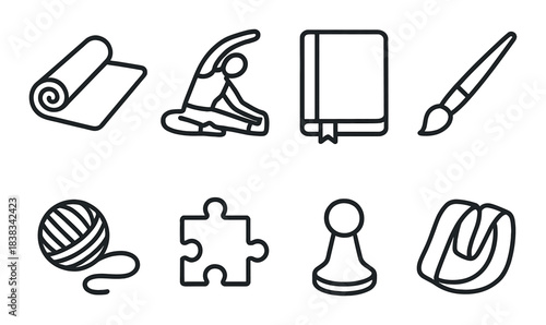 Minimalist hobby icons: yoga, reading, painting, knitting, puzzle, board games, computer mouse