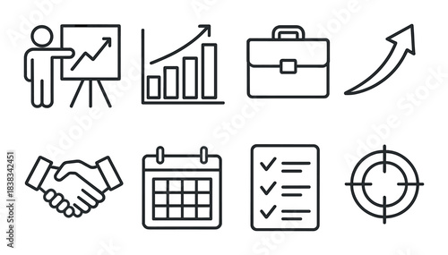 Business growth icons collection featuring graphs, charts, and checklists