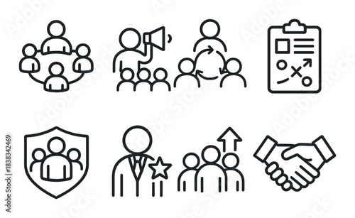 Leadership and teamwork icons set: collaboration, strategy, communication, growth