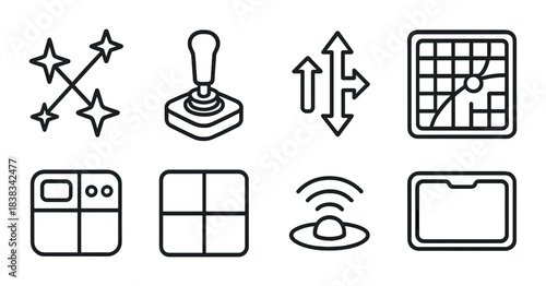 Black outline icons on dark gray background: navigation, joystick, settings, wi-fi, folder, stars