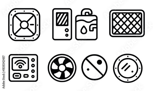 Set of eight black hvac icons on gray background
