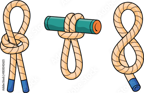 Rope knot illustration, boating knots, climbing knot diagram, nautical rope tying, camping knots guide, survival knot icons