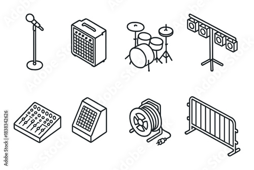Isometric audio equipment set with drums and stage lights