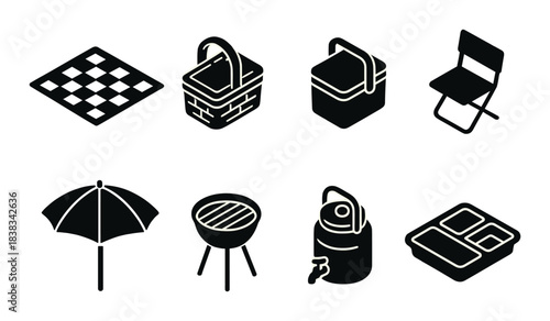 Outdoor picnic essentials: chessboard, baskets, folding chair, umbrella, grill, jug, food tray icons