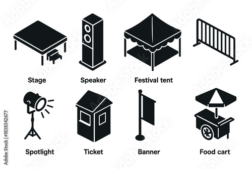 Event equipment icons featuring stage, speaker, tent, and accessories