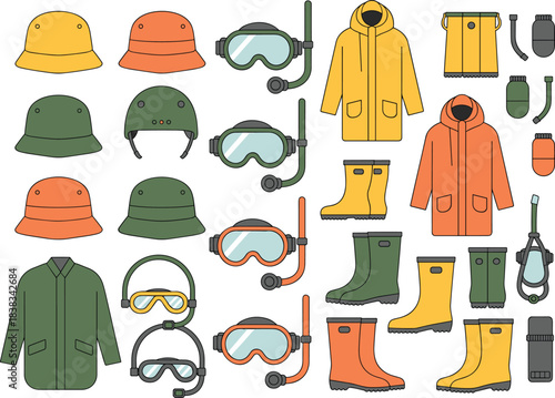 Waterproof gear icons, raincoats, boots, snorkel masks, helmets, hats, outdoor equipment, fishing gear, diving accessories, vector illustration set