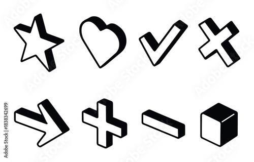 Set of 3d black geometric symbols on gradient background