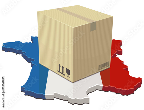 A cardboard shipping box placed on the France map (flag colors). Concept for e-commerce, national logistics, delivery service, or imports/exports in Europe. (cut out)