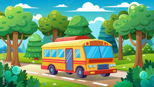 Cartoon school bus driving on a road trip