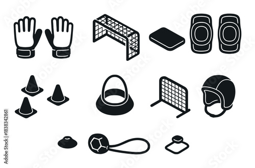 Dark silhouette soccer equipment set with goals, cones, gloves, helmets