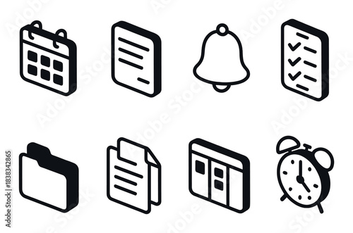Monochrome isometric icons for tasks and reminders on black background